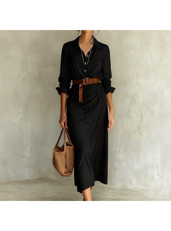 Women's Black Sheath Dress with Mandarin Collar and Belt Long Sleeve Elegant Polyester Midi Dress for Office Events Black 2XL