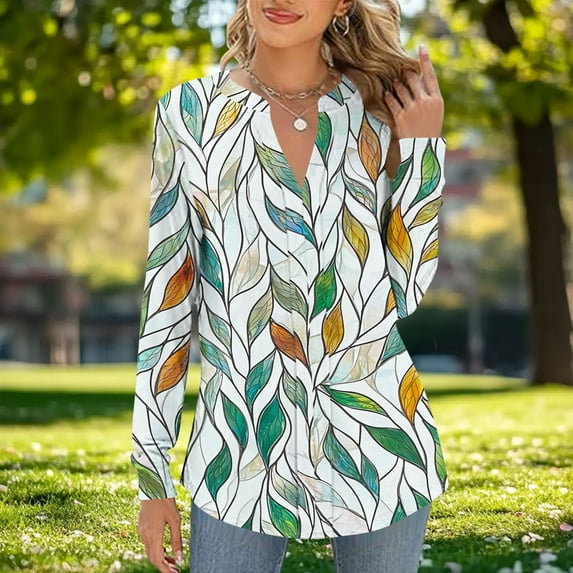 YueHuiYing Women's Blue-Based White Floral Polka Dot Long-Sleeve T-Shirt - Round Neck Loose-Fit Fresh and Gentle Top