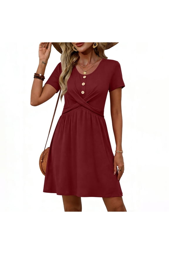 Women's Casual Cross-Front Button Dress - Flattering Crew Neck Short Sleeve for Everyday Summer Wear Assorted Colors