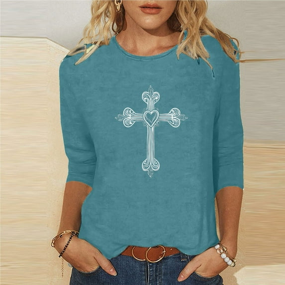 YueHuiYing Women's Casual Everyday Crew Neck 3/4 Sleeve Cross Pattern T-Shirt Loose-Fit Top