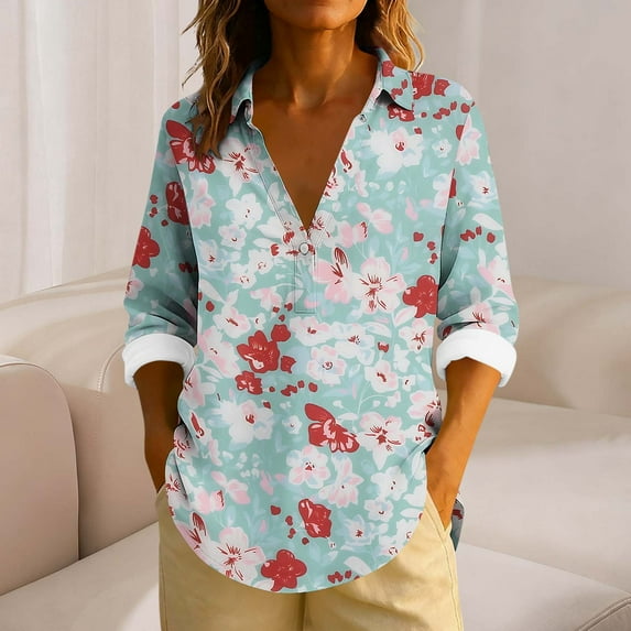 YueHuiYing Women's Casual Fashion Loose Cute Print Linen T-Shirt Long Sleeve Notched Collar Button-Up Business Top