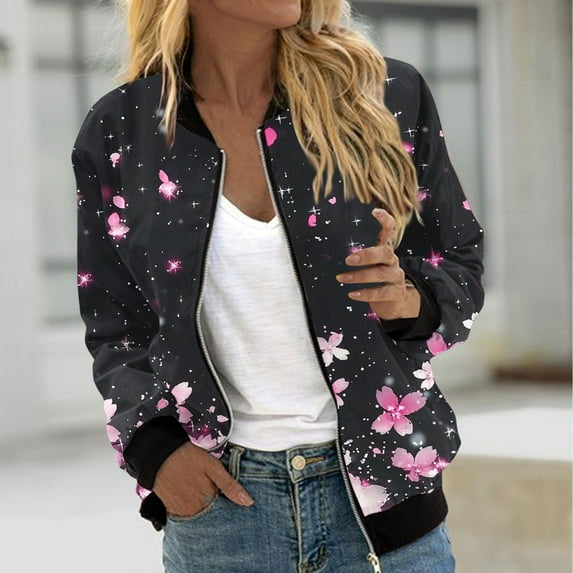 YueHuiYing Women's Casual Fashion Plaid Shacket Printed Pocket Zippered Coat Loose Long Sleeves Top