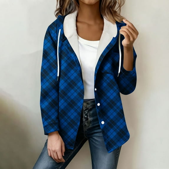 YueHuiYing Women's Casual Fashion Plaid Zipper Hooded Long-sleeve Hooded Thick Sweatshirt Pocket Coat Top