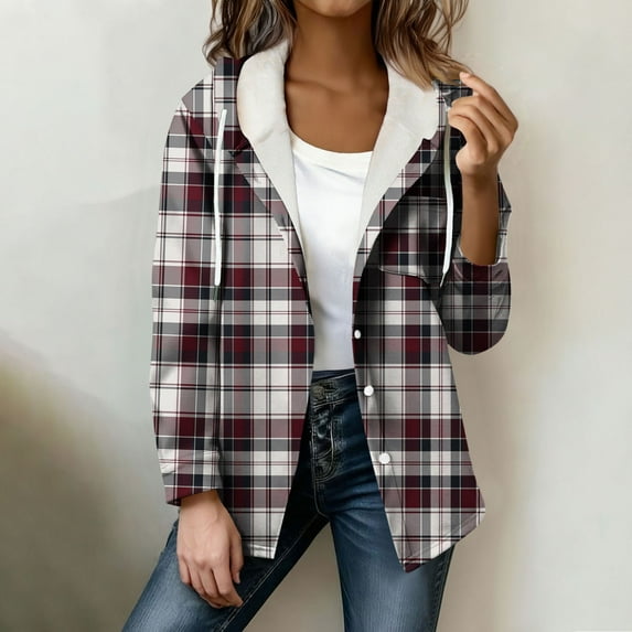 YueHuiYing Women's Casual Fashion Plaid Zipper Hooded Long-sleeve Hooded Thick Sweatshirt Pocket Coat Top