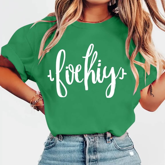 YueHuiYing Women's Casual Fashion Printed Crew Neck Short Sleeve Pullover Top For Everyday Wear Weekend Errands And Casual Outings