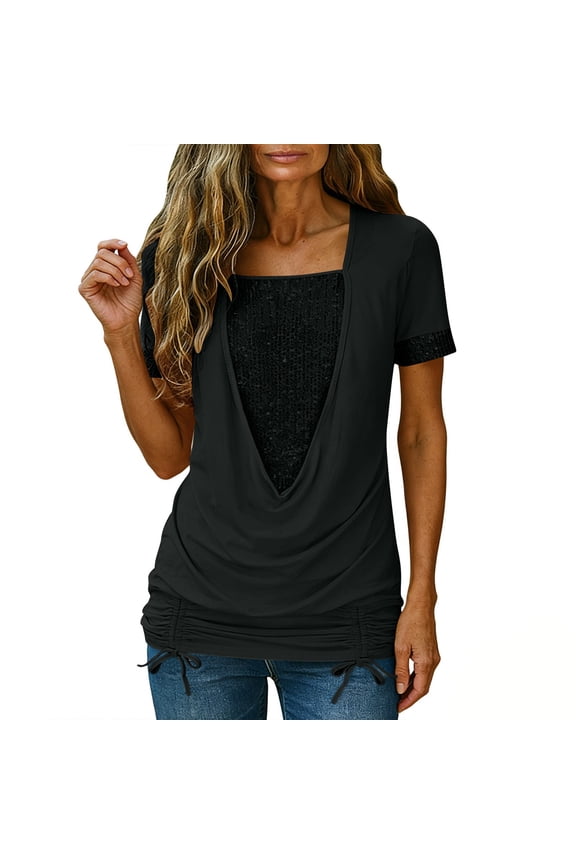 Women's Casual Fashion Sequined Solid Color Short Sleeve Oversized Collar Loose Drawstring Fake Two-Piece Top