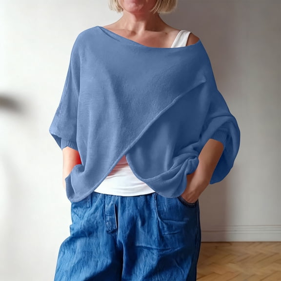 YueHuiYing Women's Casual Loose-fitting Fashion Solid Color Three-quarter Sleeve Round Neck Pullover Top