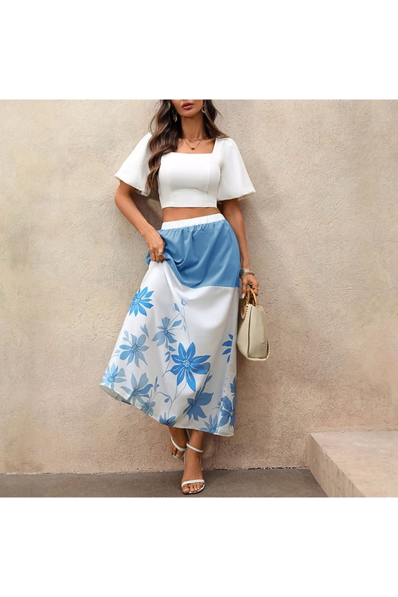 Women's Casual Multi-Color Printed High-Waisted A-Line Midi Skirt Fashion Summer Beach Vacation Versatile Long Skirt