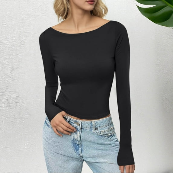 YueHuiYing Women's Casual Solid Color Round-neck Fall/Winter Long Sleeved Loose Blouses Tight-Fitting Shirts