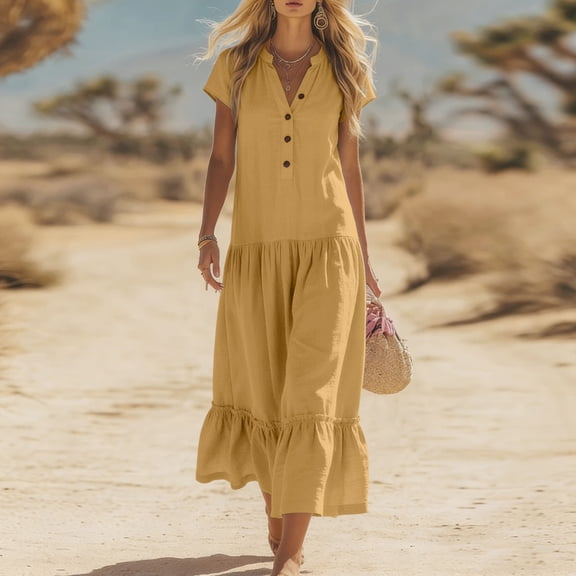 YueHuiYing Women's Casual Summer Dress Sleeveless V Neck Button Beach Sundress Tiered Ruffle Flows Skirt Midi Dresses
