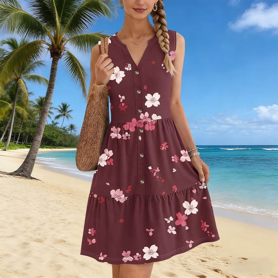 YueHuiYing Women's Casual Sundress with Pockets Summer Beach Dress Floral T-Shirts Dress V Neck Loose Tank Dresses
