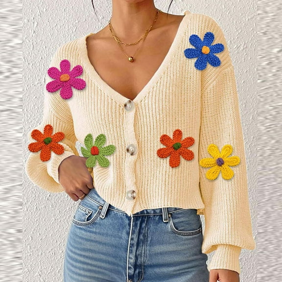 YueHuiYing Women's Casual Sweater Tops High V-Neck Long Sleeves Button Coat Jacket Knitted Blouse