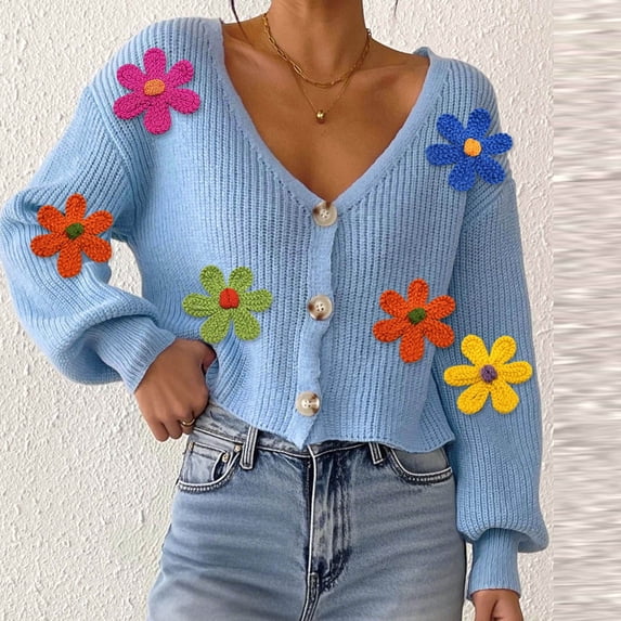 YueHuiYing Women's Casual Sweater Tops High V-Neck Long Sleeves Button Coat Jacket Knitted Blouse