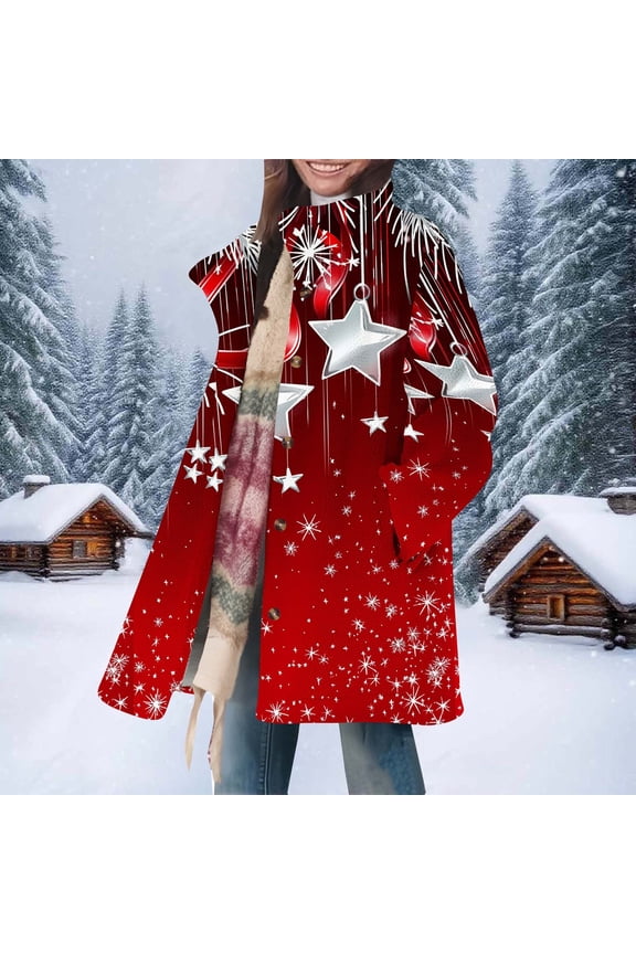 Women's Casual Warm Clothing Winter Christmas Printed Loose Collar Button Long Sleeved Jacket
