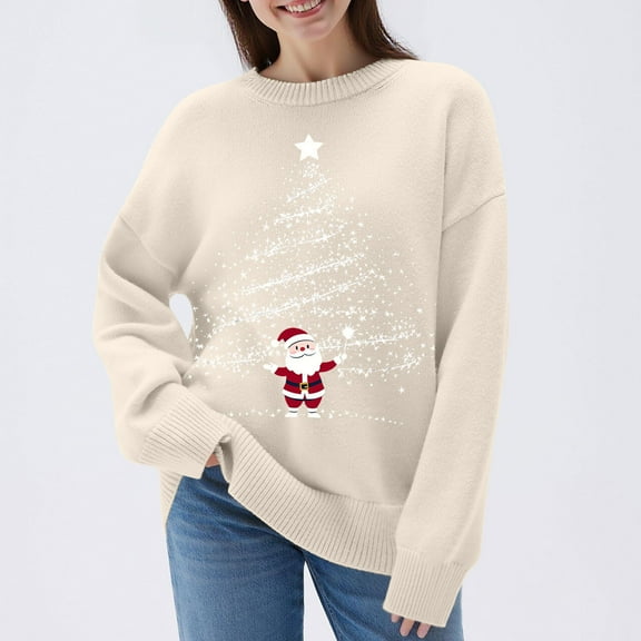 YueHuiYing Women's Christmas Casual Solid Color Long Sleeve Round-Neck Blouses Shirts Tops Sweater