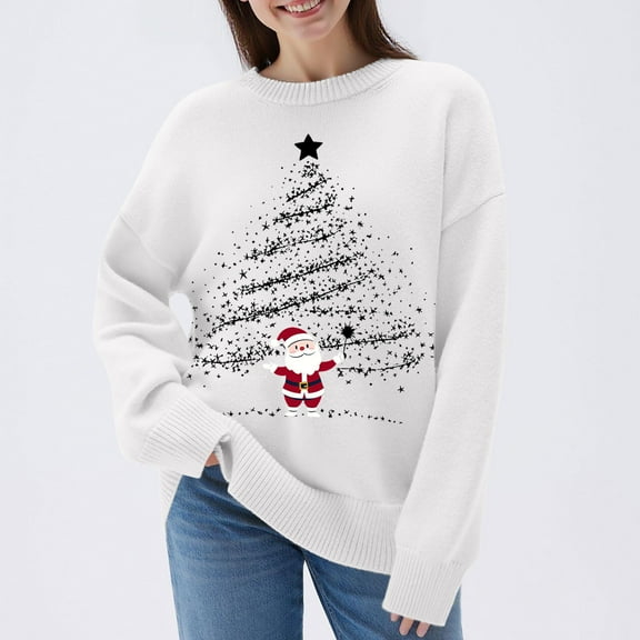 YueHuiYing Women's Christmas Casual Solid Color Long Sleeve Round-Neck Blouses Shirts Tops Sweater