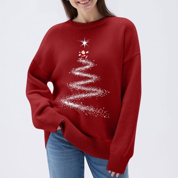 YueHuiYing Women's Christmas Casual Solid Color Long Sleeve Round-Neck Blouses Shirts Tops Sweater