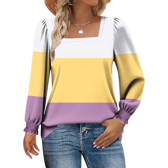 YueHuiYing Women's Color Block Casual Winter Daily Printed Square Collar Pullover Loose Long Sleeved Top