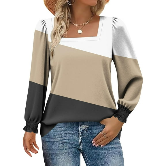 YueHuiYing Women's Color Block Casual Winter Daily Printed Square Collar Pullover Loose Long Sleeved Top
