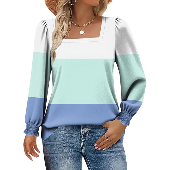 YueHuiYing Women's Color Block Casual Winter Daily Printed Square Collar Pullover Loose Long Sleeved Top