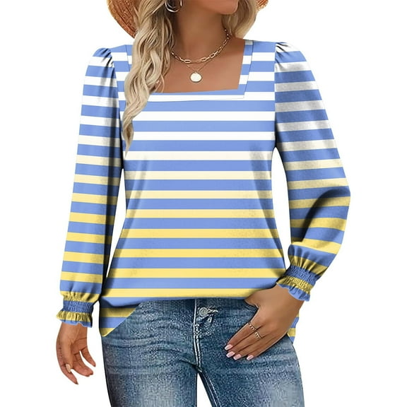 YueHuiYing Women's Color Block Winter Daily Printed Square Collar Pullover Loose Long Sleeved Stripes Top