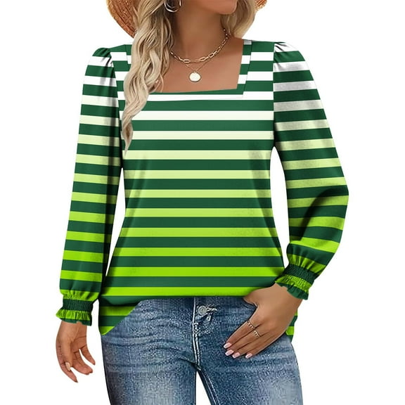 YueHuiYing Women's Color Block Winter Daily Printed Square Collar Pullover Loose Long Sleeved Stripes Top