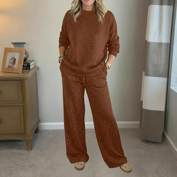 YueHuiYing Women's Crew Neck Loose-Fit Top with Elastic Waistband Drawstring and Pockets Casual Long Pants Sweatshirt and Sweatpants Two-Piece Set