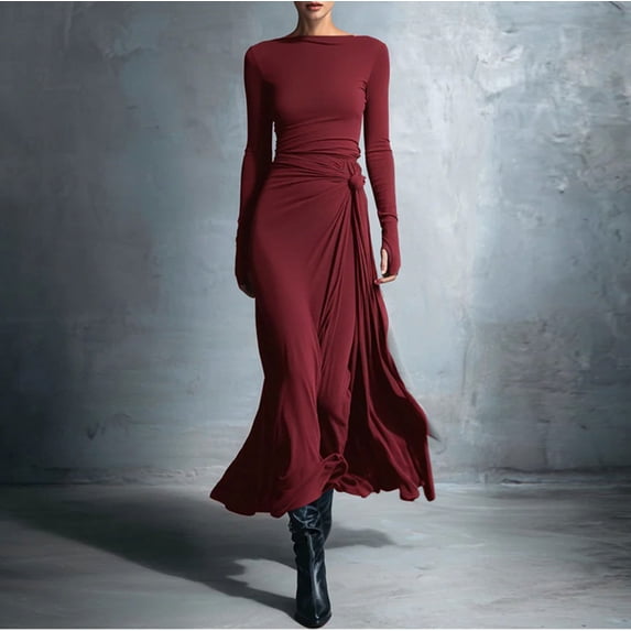 YueHuiYing Women's Crew Neck Ruched Bodycon Maxi Dress Long Sleeve Slim Fit Elegant Flared Evening Cocktail