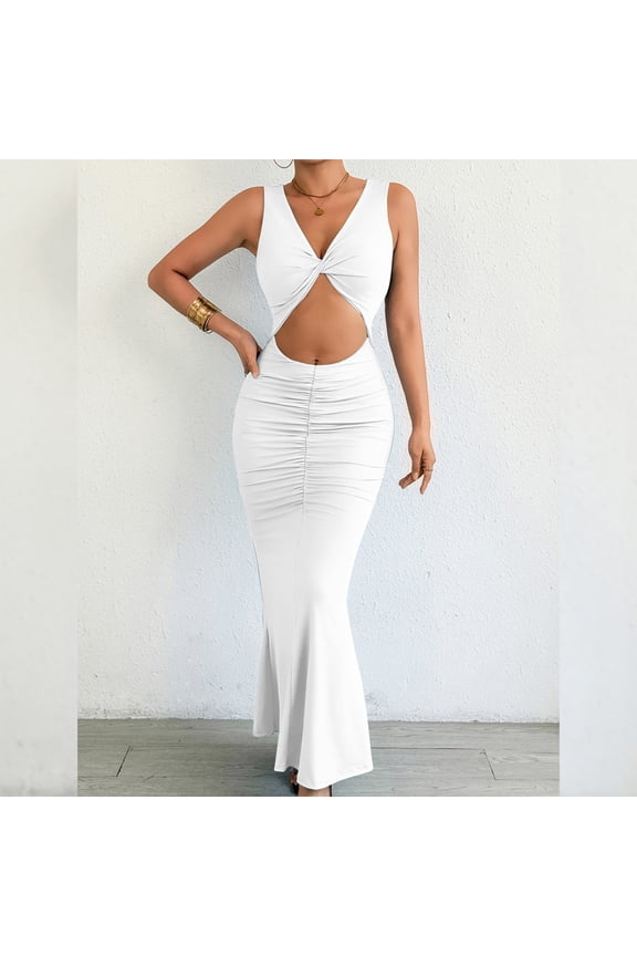 Women's Cut Out Ruched Bodycon Maxi Dress Sleeveless Tie Knot Slit Ribbed Party Club Night Out Dresses