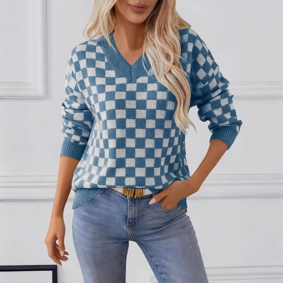 YueHuiYing Women's Diamond Plaid Leisure Pullover Sweater Plaid Loose Casual Retro Plaid Knitted Sweater Crewneck Comfort Knit