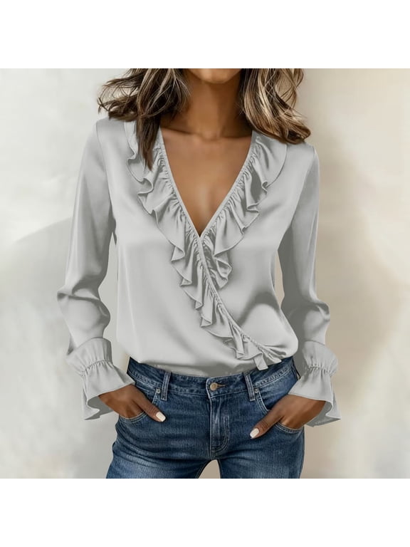 Women's Dressy Casual Blouse Tops for Spring Puff Long Sleeve V-Neck Hollow-Out Lace Embroidered Shirts Silver S