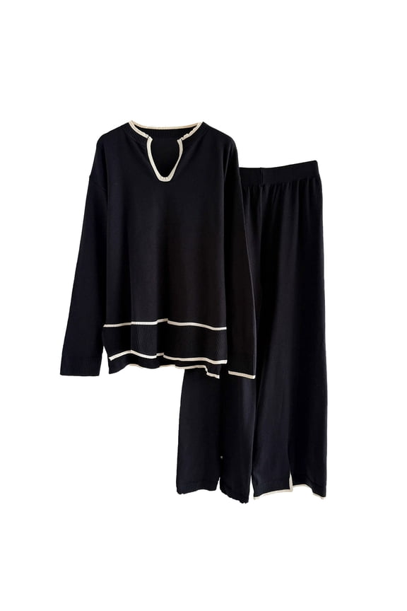 Women's Fall And Winter U-shaped Collar Long Sleeved Knitted Sweater Set With Split Wide Leg Pants Knitted Two-piece Set
