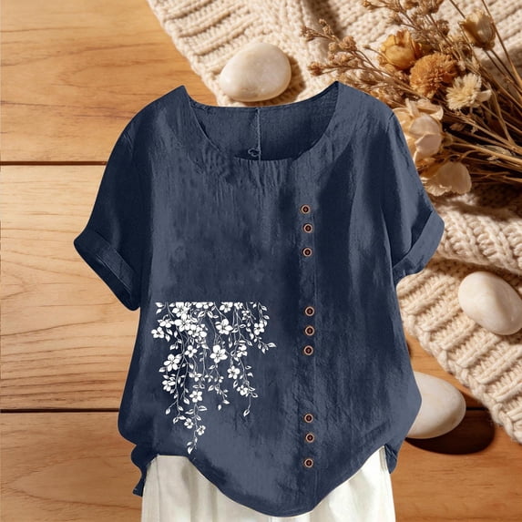YueHuiYing Women's Fashion Casual Floral Print Short Sleeve Cotton-Linen Blend Button-Up Short Sleeve Crew Neck Top/Shirt