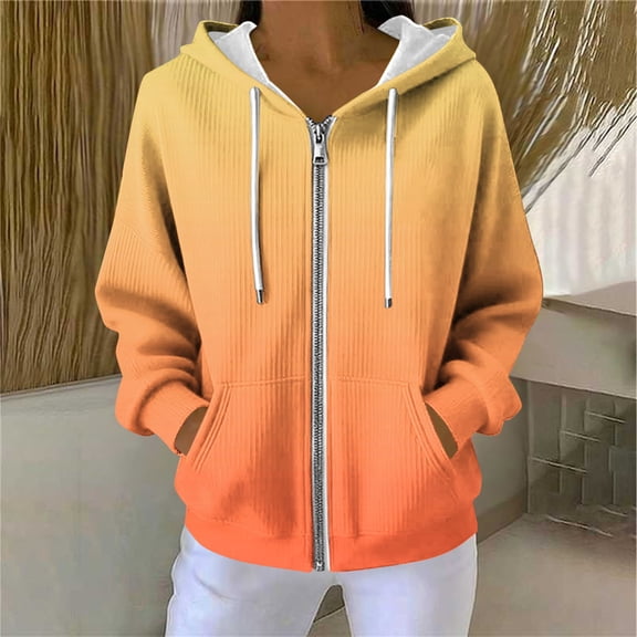 YueHuiYing Women's Fashion Casual Gradient Print Long Sleeve Hooded Pit Crewneck Zippered Pocket Sweatshirt Hooded Jacket