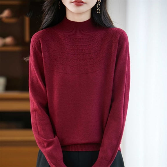 YueHuiYing Women's Fashion Casual Solid Color Semi-turtle Neck Loose Winter Knitted Sweater Pullover Top