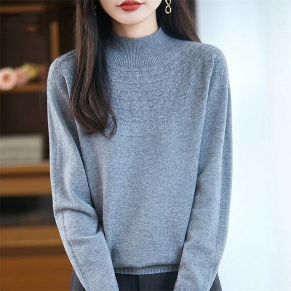 YueHuiYing Women's Fashion Casual Solid Color Semi-turtle Neck Loose Winter Knitted Sweater Pullover Top