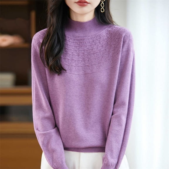 YueHuiYing Women's Fashion Casual Solid Color Semi-turtle Neck Loose Winter Knitted Sweater Pullover Top