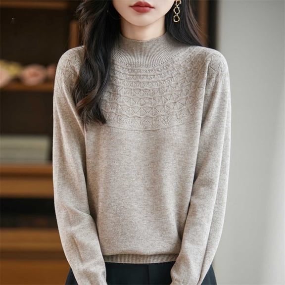 YueHuiYing Women's Fashion Casual Solid Color Semi-turtle Neck Loose Winter Knitted Sweater Pullover Top