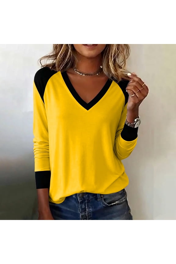 Women's Fashion Color-Block V-Neck Pullover T-Shirt Long-Sleeve Stylish Casual Oversized Top