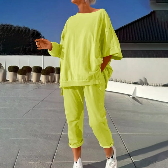 YueHuiYing Women's Fashion Crew-Neck Clothing Casual Long-Sleeved Wide-Leg Pants Knitted Suit Two Piece Suit