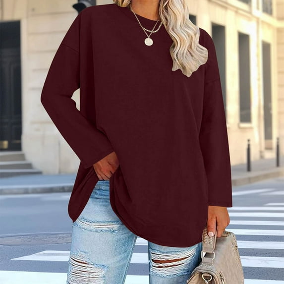 YueHuiYing Women's Fashion Loose-Fit Casual Long-Sleeve T-Shirt with Round Neck in Plus Size