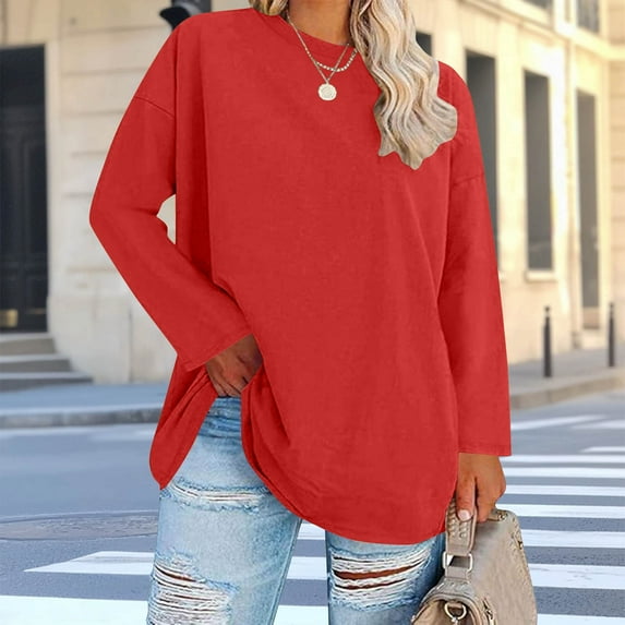 YueHuiYing Women's Fashion Loose-Fit Casual Long-Sleeve T-Shirt with Round Neck in Plus Size