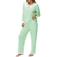 thumbnail image 1 of YueHuiYing Women's Fashion Solid Color Casual Collared Cardigan Long Sleeve Top and Pants Pajama Set, 1 of 7