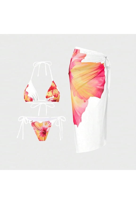 Women's Fashion Printed Three Piece Swimsuit Set Sexy Slim Fit Bathing Suit With Cover Up For Beach Pool And Summer Water Activities