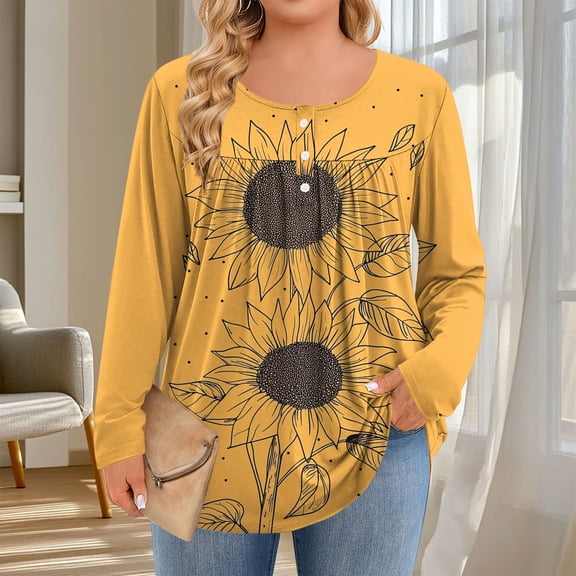 YueHuiYing Women's Fashion Printing Casual Round Neck Long Sleeve Loose T-shirt Daily Printed Dressy Top