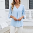 thumbnail image 1 of YueHuiYing Women's Fashion Solid-Color Chiffon Blouse with Mid-Length Sleeves Pleated V-Neck Loose Fit, 1 of 9
