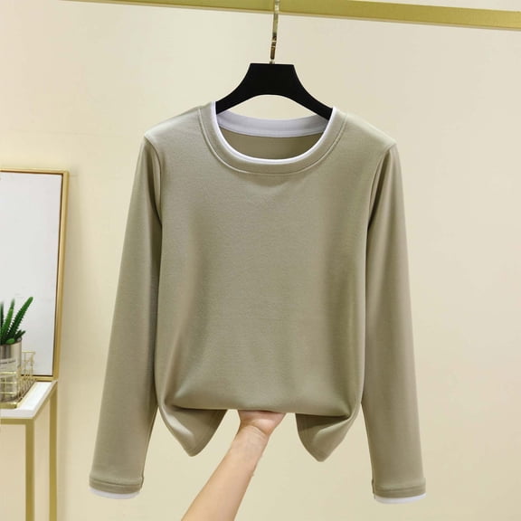 YueHuiYing Women's Fashion Solid Color Long Sleeve Round Neck Collar Blouses Leisure Base Layer Tops