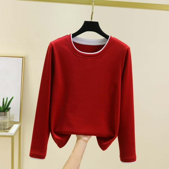 YueHuiYing Women's Fashion Solid Color Long Sleeve Round Neck Collar Blouses Leisure Base Layer Tops