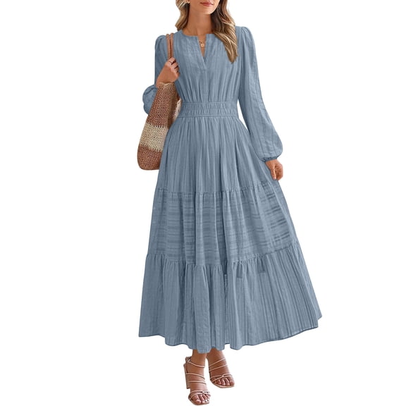 YueHuiYing Women's Fashion Solid Long Sleeve V-Neck Pleated Dresses Elastic Waist Lightweight Maxi Wedding Guest Dress