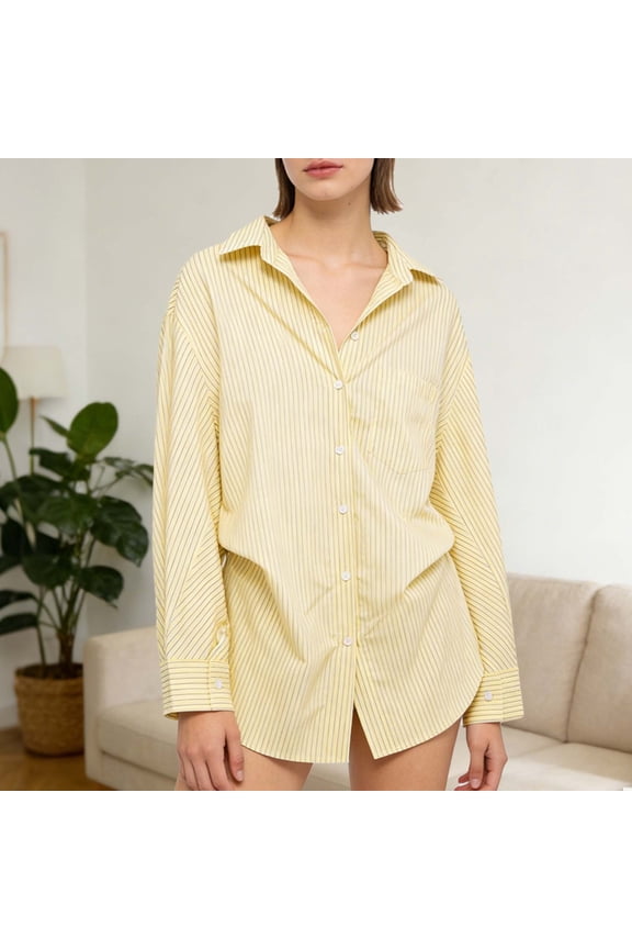 Women's Fashion Spring/Summer Long-Sleeve Maxi Button-Down Pocket Solid Color Loose-Fit Waist-Defining Collared Shirt Top Beige M